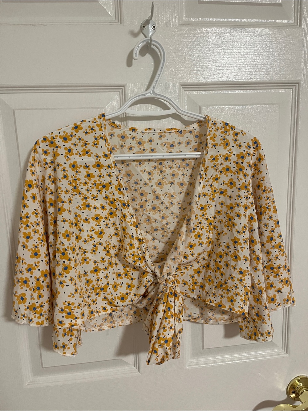 SHEIN Yellow Floral Tie-Front Cropped Blouse